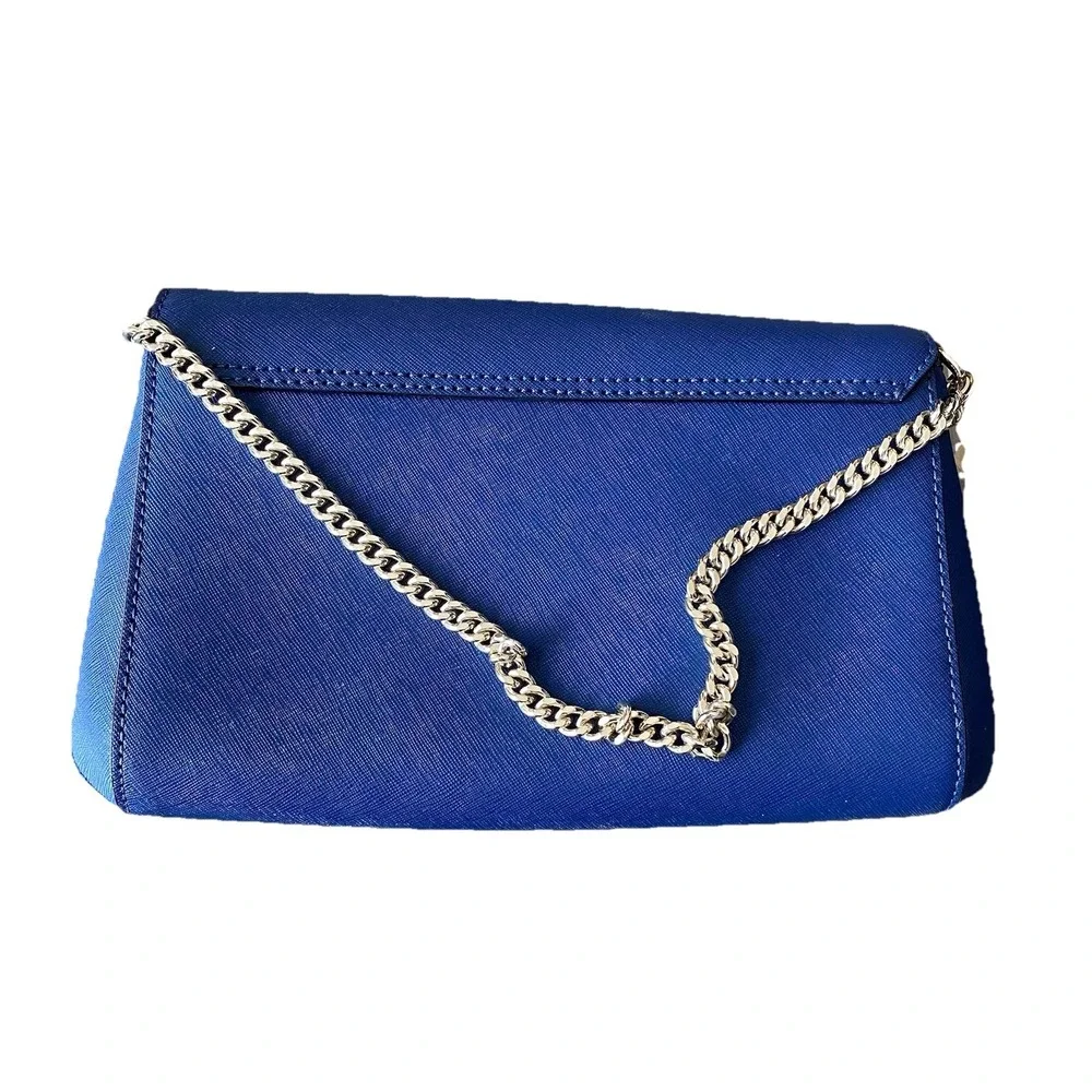 Kate Spade Laurel Way Greer Saffiano Leather‎ Purse Clutch Navy Blue Gold Chain